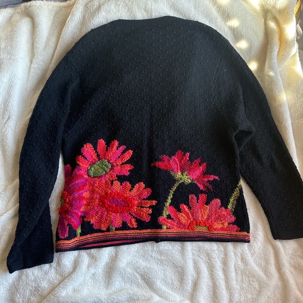 Eileen Fisher Black Cardigan with Pink Floral Design - Picture 3 of 7